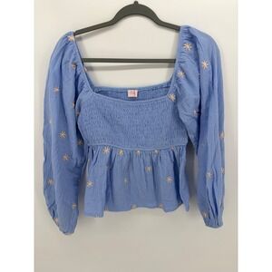 Pink Lily Top Womens Small Blue Embroidered Smocked Peplum Gauze